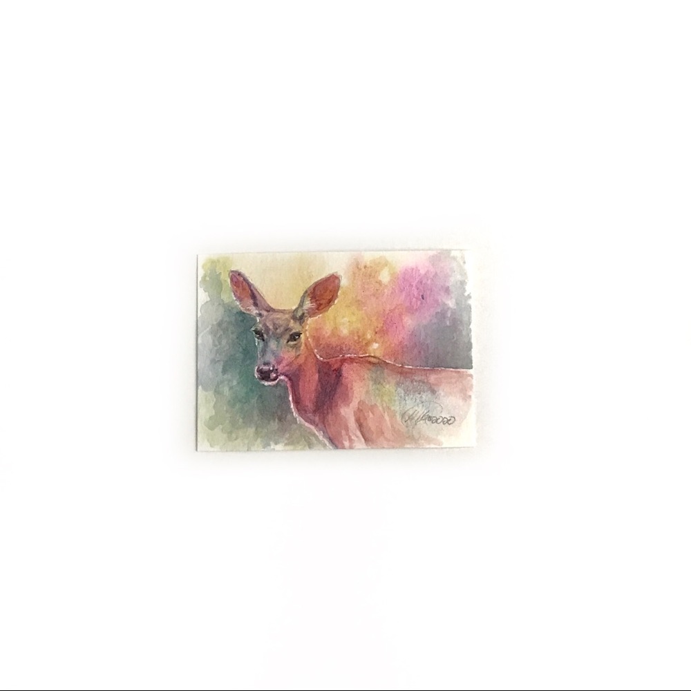 ⭕️ SOLD ACEO Original Painting deer doe wildlife - Picture 3 of 7